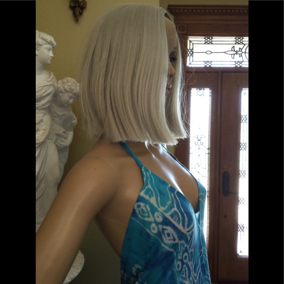 Bohemian Tie Dye Maxi Dress, Halter Backless, Asymmetrical Swim Cover Up Turq OS - Picture 11 of 16